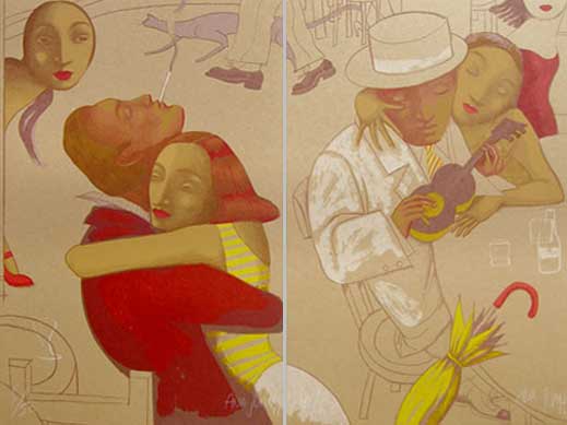 Parejas en el bar. de Ana Juan. Serigrafía editada por el taller de Manolo Gordillo